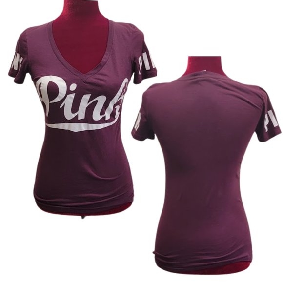 Victoria's Secret PINK - Maroon Logoed Short Sleeve V-Neck Top, SZ: XS - Picture 5 of 13